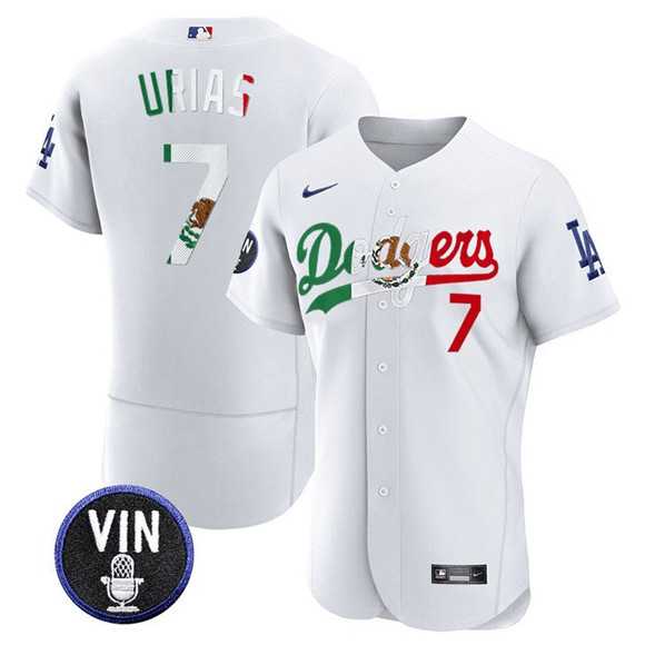 Mens Los Angeles Dodgers #7 Julio Urias White Mexico Special Vin Scully Patch Flex Base Stitched Jersey Dzhi